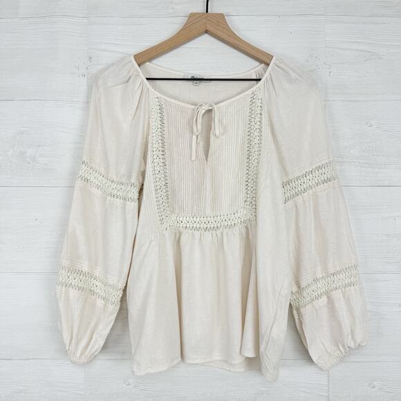 Madewell Tops - Madewell Peasant Top XS Ivory Linen-Blend Pintuck Boho Bubble Sleeves Babydoll